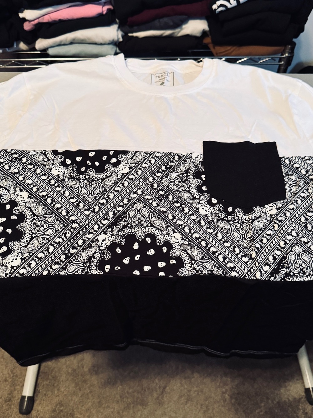 Rue21 White and Black Bandana Block Short Sleeve Tee